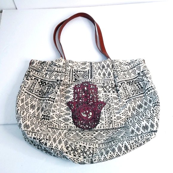 Lucky Brand Handbags - LUCKY BRAND Cream/Black/Burgundy HAMSA Hand Graphic Large Tote/Shoulder Bag